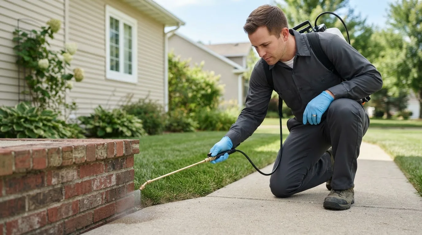 Pest control technician treating a home near State Center, IA