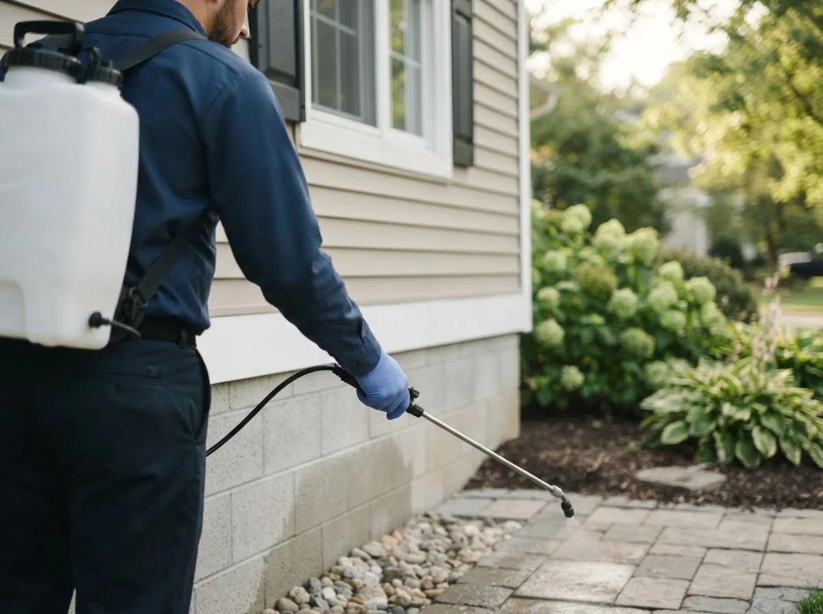 Pest control technician inspecting a home in State Center, IA